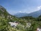 View on the car parking in Pregasina village and green Valle di Ledro valley , starting point of the hiking trail to Punta Larici