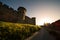 View of Carcassonne Medieval Citadel CitÃ© MÃ©diÃ©vale Northern Side Towers and Battlements at Sunset