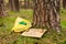 View of a cardboard banner on the ground with an environmental message next to a plastic bag at the foot of a tree. Concept of