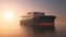 View of Cargo Tanker Ship Sailing Across the Ocean at Sunset.