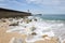 View from Carneiro beach in Porto to pier and lighthouse Felgueiras