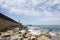 View from Carneiro beach in Porto to pier and lighthouse Felgueiras