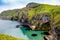 View from Carrick-a-Rede Rope Bridge, famous rope bridge near Ballintoy in County Antrim, Northern Ireland on Irish