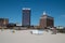 View of Casino buildings as seen from the beach. Signs for Bally`s, Caesar`s and the Tropicana Hotels and Casinos are visible