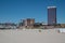 View of Casino buildings as seen from the beach. Signs for Bally`s, Caesar`s and the Tropicana Hotels and Casinos are visible