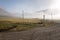 View of Castelluccio di Norcia Umbria, Italy upland at morning, with haybales and mist