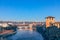 View from Castelvecchio castle of the Adige River and the bridge Ponte della Vittoria. Winter time, the beginning of the evening.