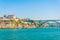 View of the cathedral, episcopal palace, luis I bridge and colorful houses in Porto, Portugal