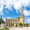 View at the Cathedral of Saint Tugdual in the streets of Treguier in France