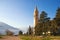 View of Catholic Church of Saint Eustace on coast of Bay of Kotor. Montenegro, Dobrota town. Free space for text