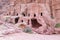 View of cave at street of facades in Petra Red Rose City, Jordan.
