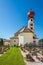 View at the Cemetery with Church of Saint George in Tiers village in Italy