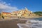 View of Cervo town from the beach, Liguria, Italy