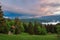 View from chalet under Suchy, national park Mala Fatra, Slovakia, spring sunset time