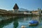 View on Chappel bridge with mount Pilatus in background in Luzern, Switzerland