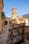 View of a characteristic alley overlooking the bell tower at Villa Santa Maria in the provicia of Chieti Italy