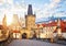 View of Charles Bridge and Lesser Town Bridge Tower in Prague Czech Republic