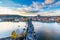 View at The Charles Bridge and Vltava river in Prague in dusk at sunset, Czech Republic