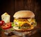 View of cheeseburger is a classic American dish that boasts a juicy beef patty cooked to perfection and topped with melted cheese
