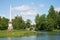 A view of the Chesme obelisk and the Humped bridge on the Gatchina palace park. Leningrad region, Russia