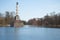 A view of the Chesmensky column and the building of the Admiralty on the Big pond in the April afternoon. Tsarskoye Selo