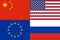 View of China, USA, EU, and R flags together - a political commercial financial,  partnership