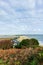 A view of the Christchurch UK harbor and colorful beach huts from the Hengistbury Head hill with some trees in the foreground