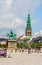 View from Christiansborg Castle square on Nikolaj church and Frederik VII equestrian statue, Copenhagen, Denmark, Scandinavia,