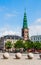 View from Christiansborg Castle square on St Nicholas church tower, Copenhagen, Denmark