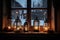 view of christmas lanterns glowing in window of peaceful cottage