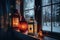 view of christmas lanterns glowing in window of peaceful cottage