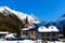 View of church in Argentiere village in French Alps on sunny winter day