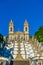 View of the church of Bom Jesus do Monte in Braga famous for sculpture decorated staircase leading to it, Portugal