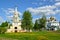 View of church of Christmas of John the Forerunner on Volga and Resurrection Cathedral in summer day. Uglich, Yaroslavl region