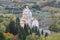 View on church, hills and vineyards from old town Montepulciano, Tuscany, Italy