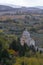 View on church, hills and vineyards from old town Montepulciano, Tuscany, Italy
