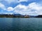 View of the church on the island on lake Bled and Bled castle