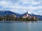 View of the church on the island on lake Bled and Bled castle