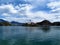 View of the church on the island on lake Bled and Bled castle