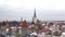 View of the church spire of Saint Olaf, gloomy March day. Tallinn, Estonia