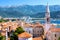 View of Church of St Ivan, Budva old town, mountains and sea. Montenegro