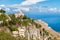 View of the Church of St. John the Baptist with panoramic view of mediterranean sea, province of Trapani in Sicily.
