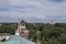 View of the Church of St. Michael the Archangel and the assumption Cathedral through the round window of the belfry of the