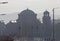 View of church `Staint Nedelya` with fine particulate matter air in the city and PM 2.5 dust, and air pollution in Sofia, Bulgaria