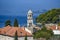 View of the church tower and the bay in Cavtat, Croatia