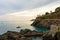 View from the Cinque Terre village of Manarola to the coastal hiking trail along the cliffs, Italy