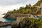 View from the Cinque Terre village of Manarola to the coastal hiking trail along the cliffs, Italy