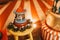 View of a circus-themed dessert table for a children\\\'s party