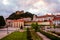 View of the city and castle in Leiria, Portugal in the evening. Cloudy sky