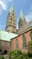 View of city cathedral in old town, towers of the historical dom church, sunny day, Bremen, Germany